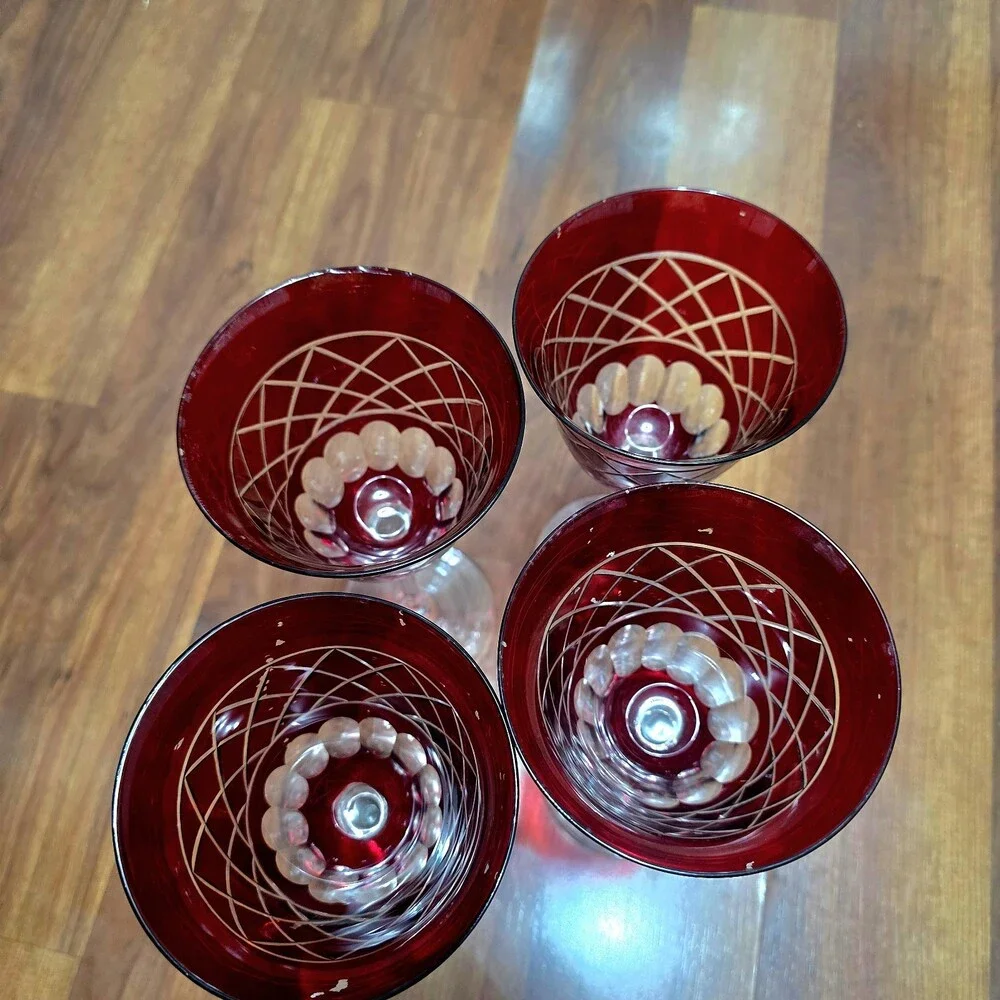 Vintage Ruby Cranberry Red Cut Glass Wine Goblets Set of 4 Clear Long Stem